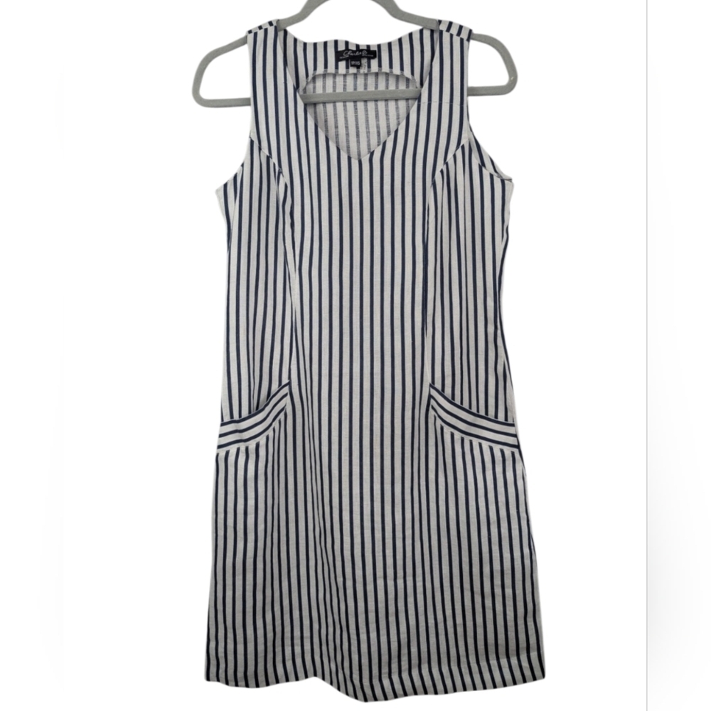 Charlie B Size XS 100% Linen Navy/White Striped Sleeveless Dress